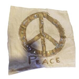 Pottery Barn Throw Pillow Cover Beige Gold Gems Embellishments Peace Sign